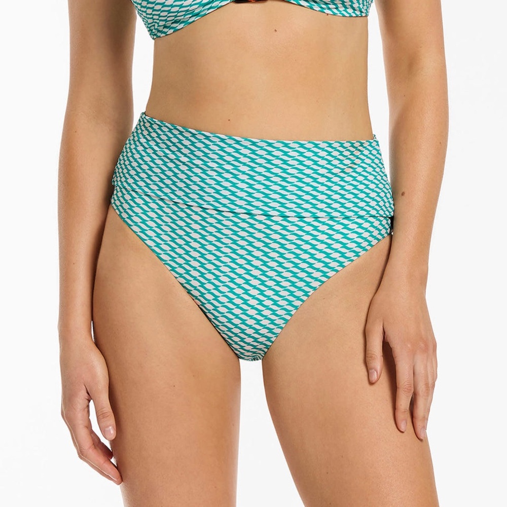 NWT Jets Australia Stylish Teal and White High-Waisted Bikini Bottom size 6